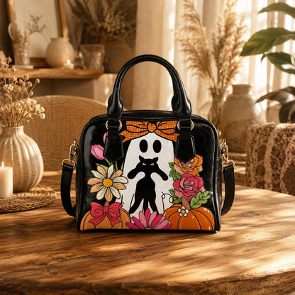 Halloween Ghost Cat Handbag, Floral Pumpkin Purse, Spooky Cute Bowler Bag