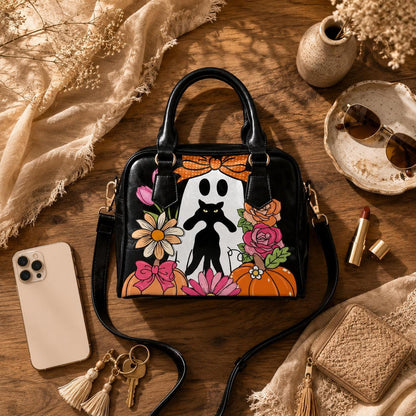 Halloween Ghost Cat Handbag, Floral Pumpkin Purse, Spooky Cute Bowler Bag