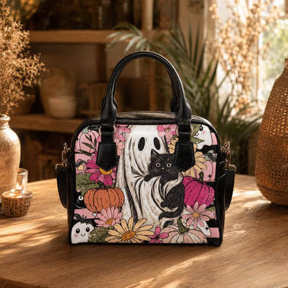 Cute Ghost Handbag, Black Cat Satchel Purse, Floral Halloween Bag, Pumpkin Crossbody