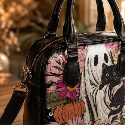 Cute Ghost Handbag, Black Cat Satchel Purse, Floral Halloween Bag, Pumpkin Crossbody