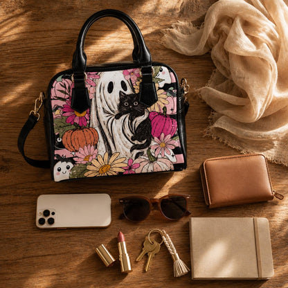 Cute Ghost Handbag, Black Cat Satchel Purse, Floral Halloween Bag, Pumpkin Crossbody