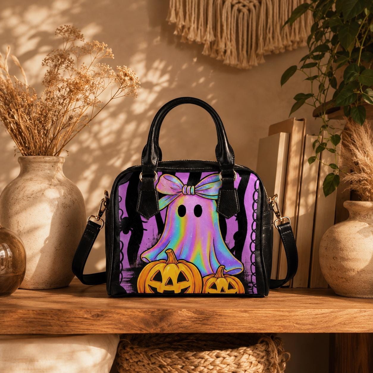 Halloween Ghost Satchel Purse, Pumpkin Bowler Bag, Pastel Spooky Top Handle Handbag