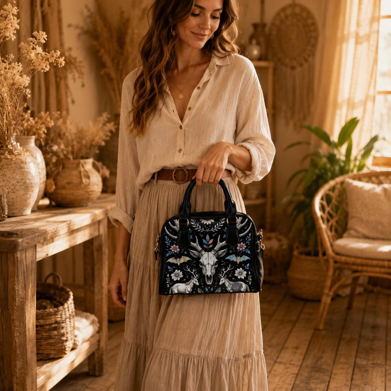 Woodland Fantasy Satchel with Antler Skull, Mystic Forest Purse, Folk Floral Handbag