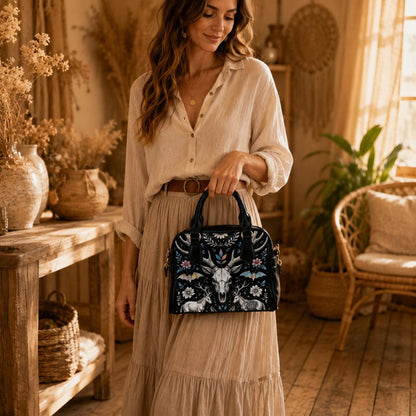 Woodland Fantasy Satchel with Antler Skull, Mystic Forest Purse, Folk Floral Handbag