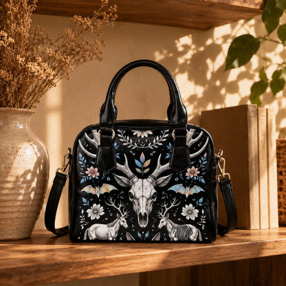 Woodland Fantasy Satchel with Antler Skull, Mystic Forest Purse, Folk Floral Handbag