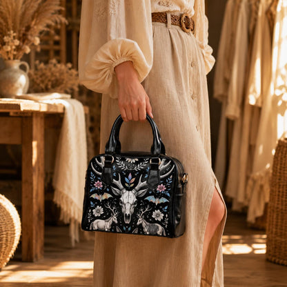 Woodland Fantasy Satchel with Antler Skull, Mystic Forest Purse, Folk Floral Handbag