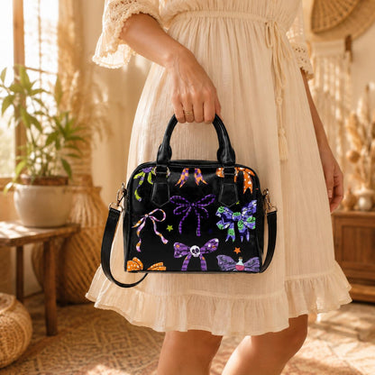 Halloween Bow Purse, Spooky Ribbon Handbag, Goth Skull Satchel, Dark Coquette Bag