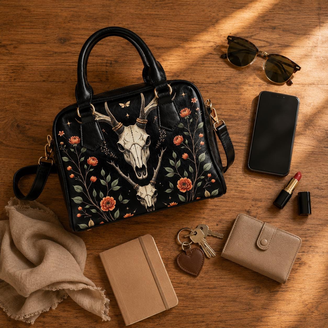 Gothic Satchel Purse with Deer Skull, Dark Floral Handbag, Witchy Shoulder Bag