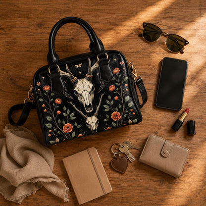 Gothic Satchel Purse with Deer Skull, Dark Floral Handbag, Witchy Shoulder Bag