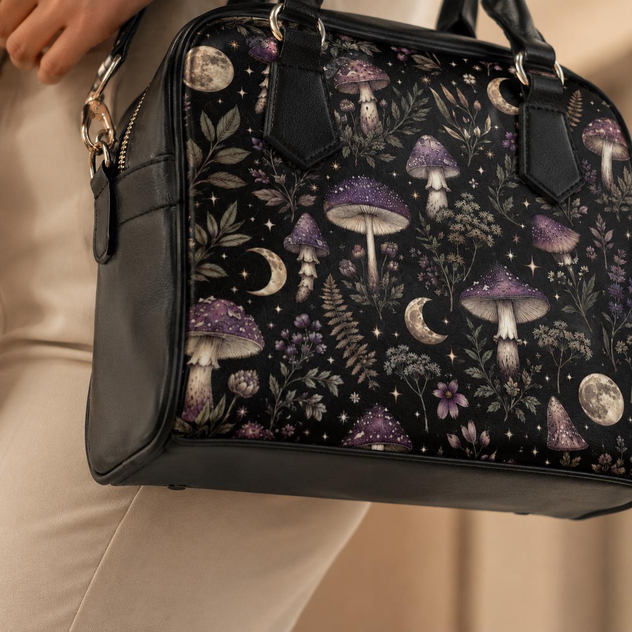 Mushroom Moon Forest Print Handbag, Black Fairycore Crossbody Satchel