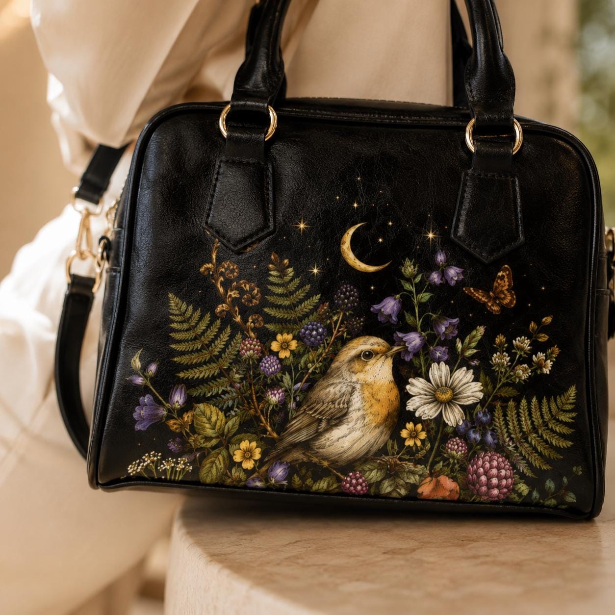Bird Floral Handbag, Robin Moon Stars Dark Cottagecore Shoulder Bag