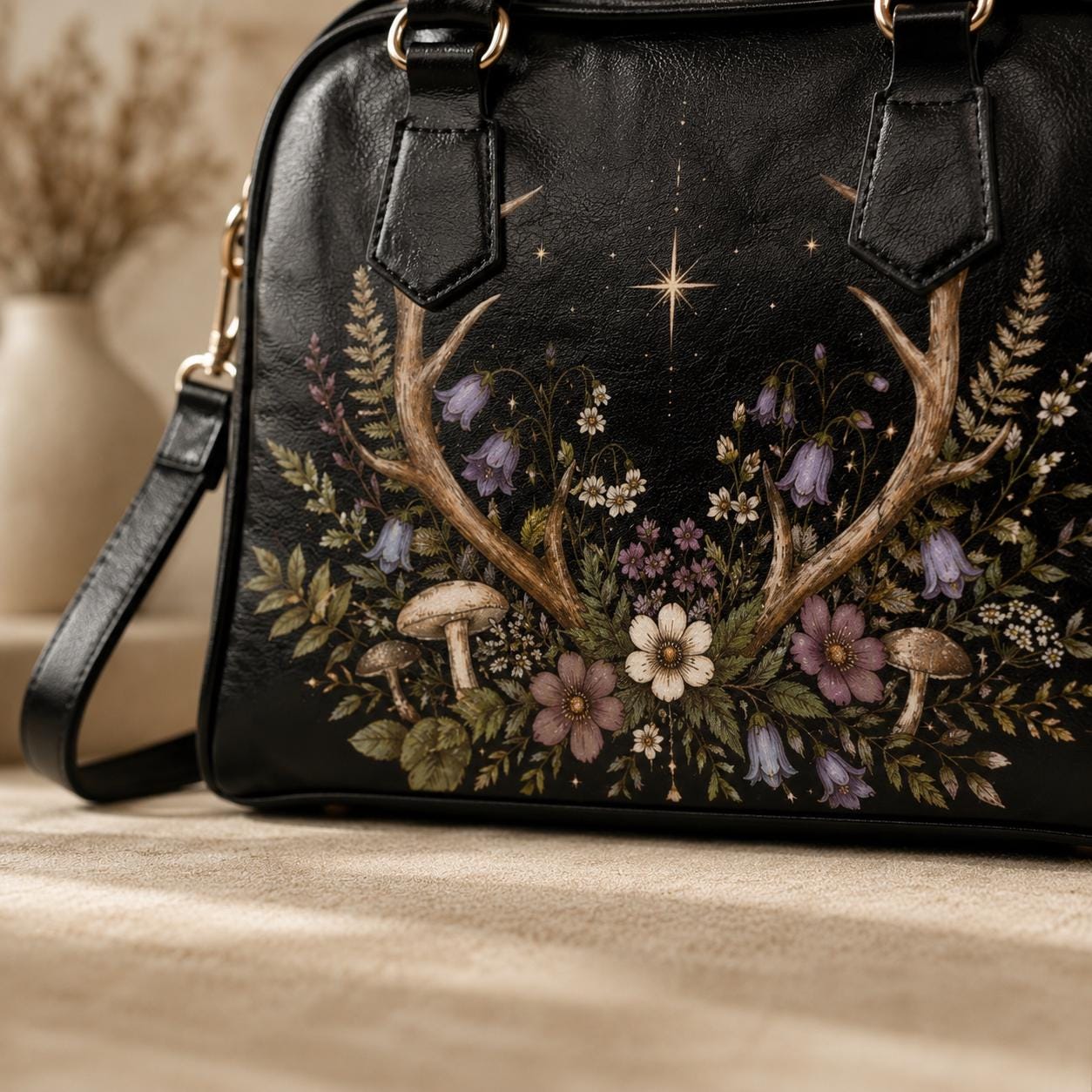 Antler Wildflower Satchel Bag, Forest Witch Mushroom Fern Celestial Print Purse