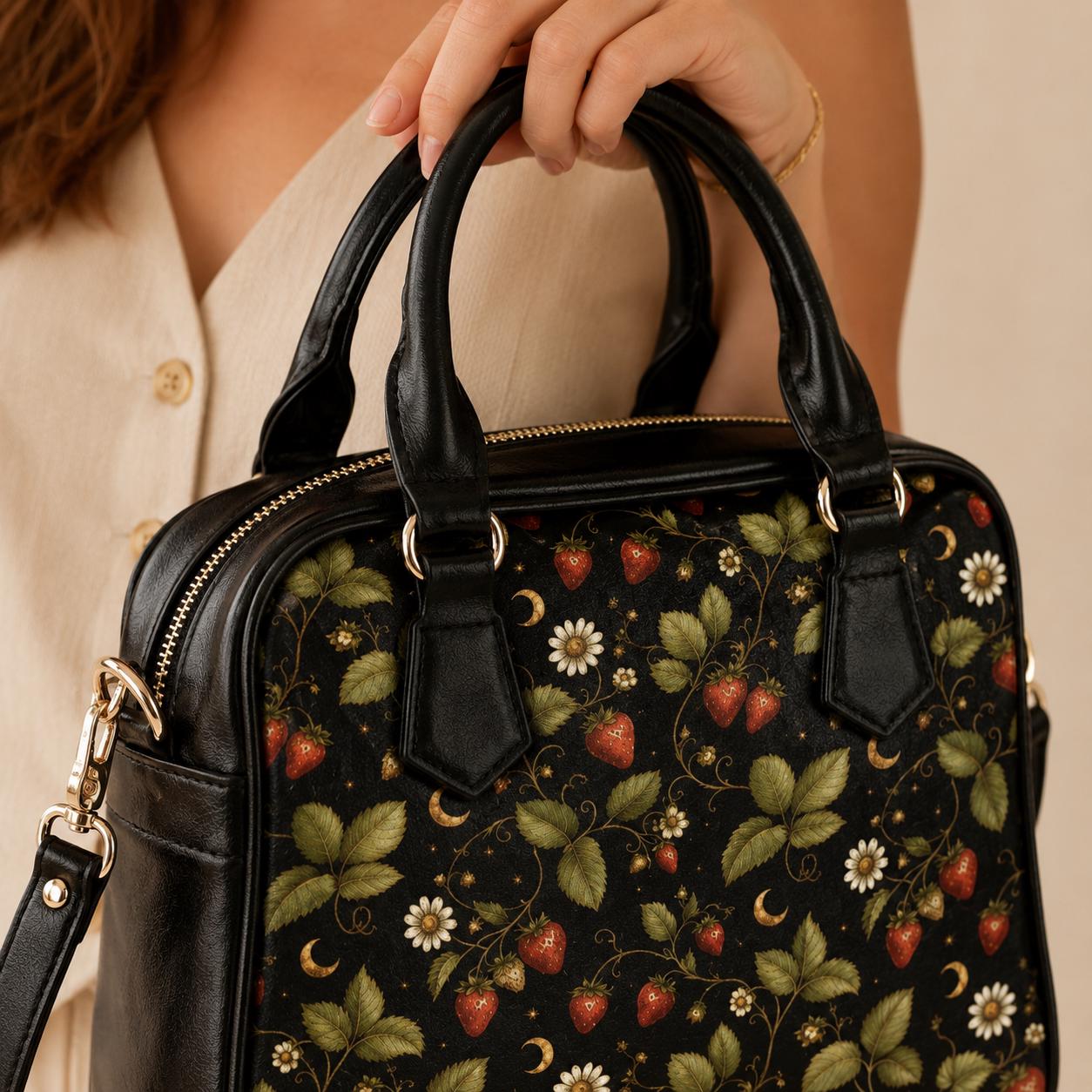 Strawberry Daisy Vine Satchel Handbag, Cottagecore Black Crossbody Bag