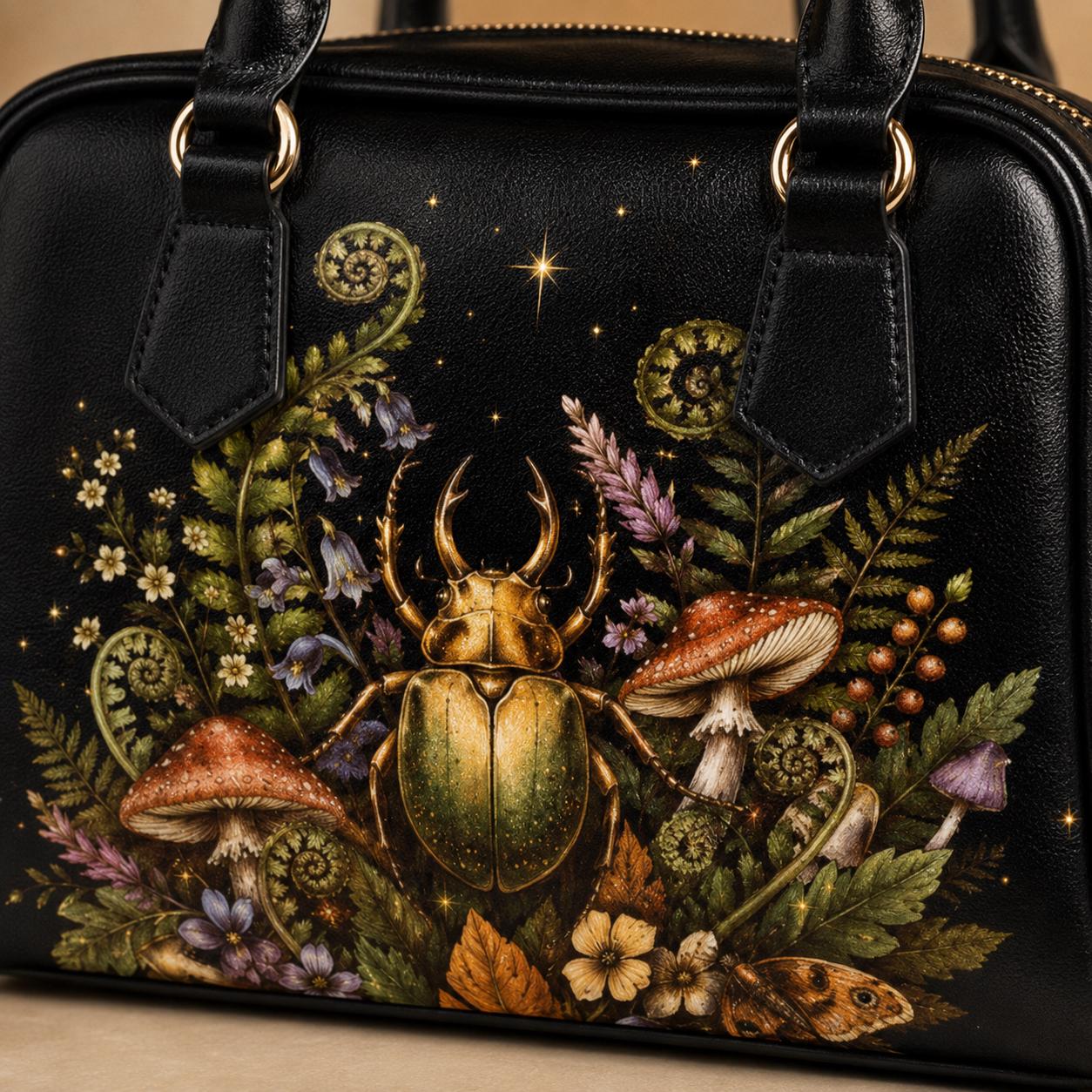 Beetle Mushroom Handbag, Dark Forest Botanical Shoulder Bag, Vegan Leather Crossbody Purse