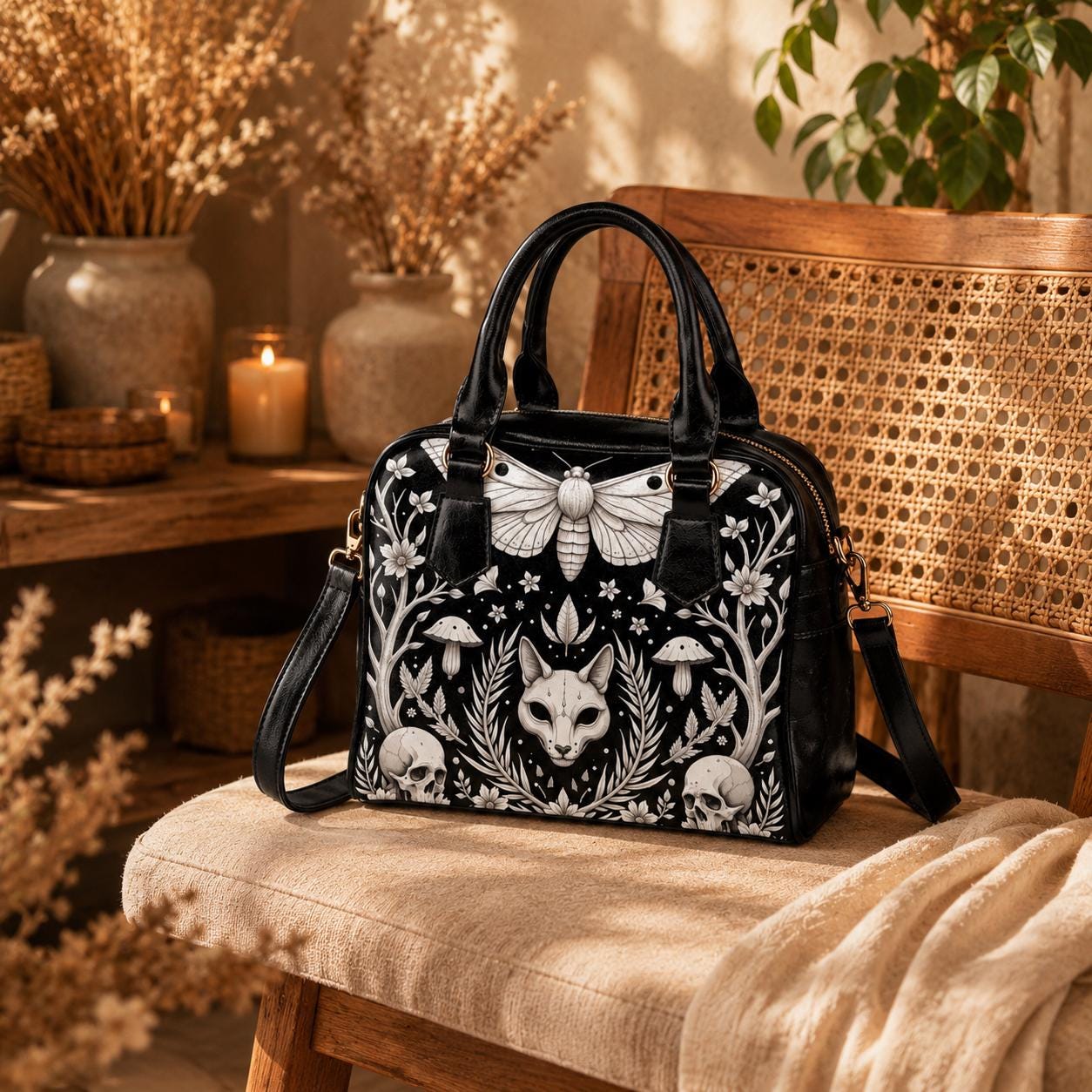 Moth Gothic Handbag, Monochrome Woodland Satchel, Skull Floral Purse, Dark Nature Bag