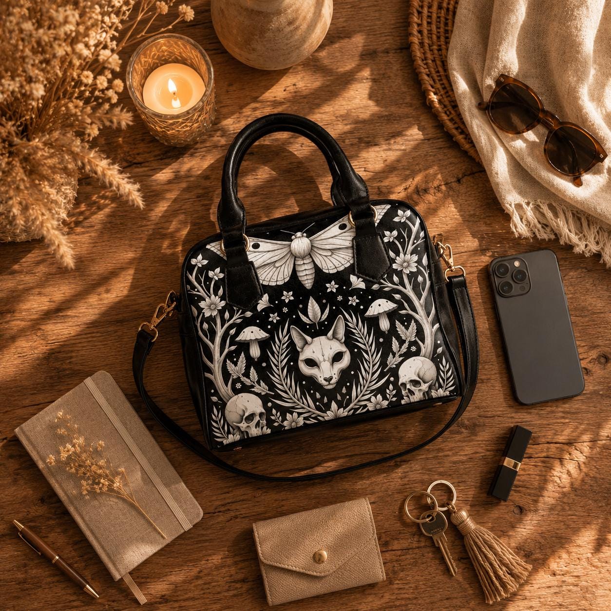 Moth Gothic Handbag, Monochrome Woodland Satchel, Skull Floral Purse, Dark Nature Bag