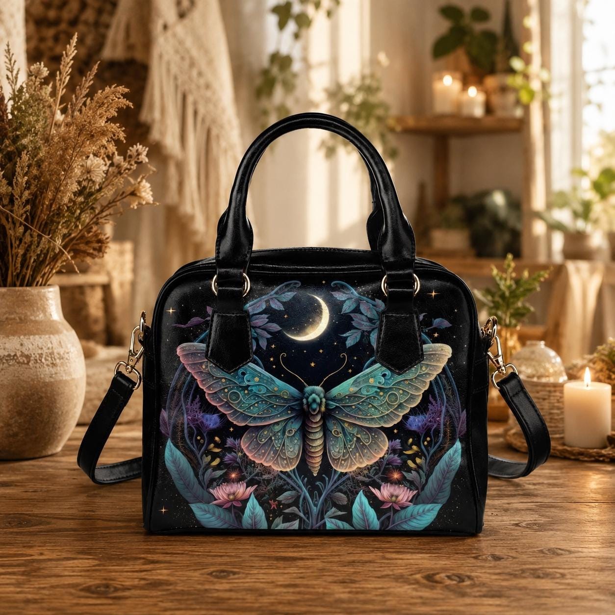 Celestial moth moon handbag, witchy astrology crossbody bag, mystical travel tote, enchanted everyday purse