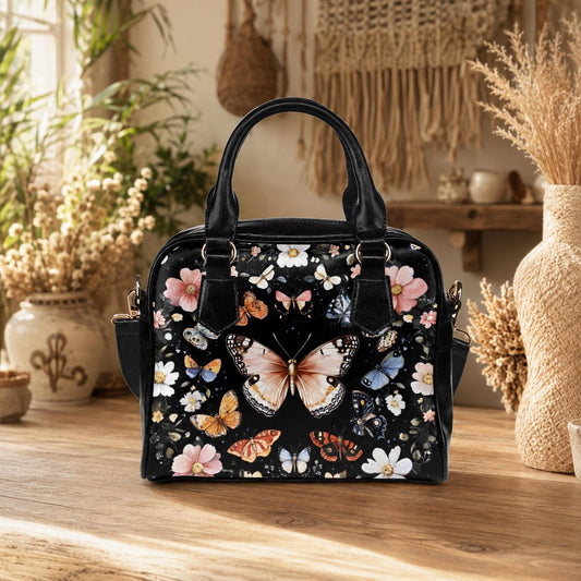 Butterfly floral satchel purse, moth garden handbag, vintage insect crossbody, cottage wildflower top handle