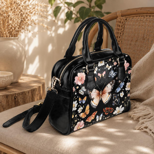 Butterfly floral satchel purse, moth garden handbag, vintage insect crossbody, cottage wildflower top handle