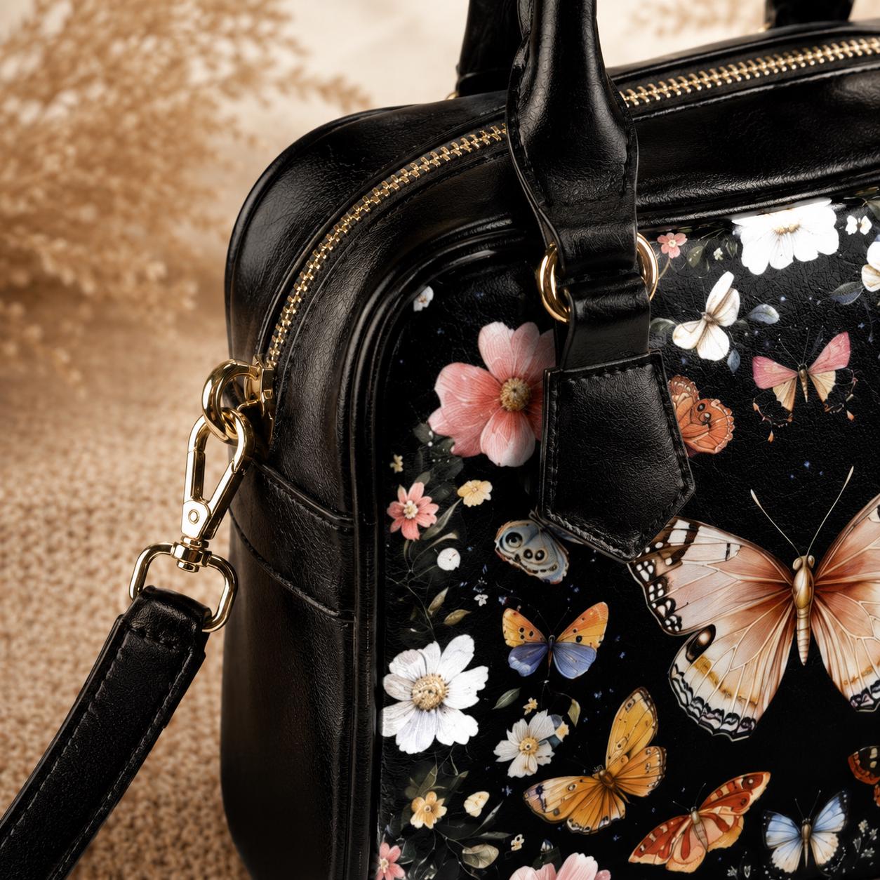 Butterfly floral satchel purse, moth garden handbag, vintage insect crossbody, cottage wildflower top handle