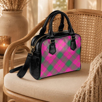 Pink green plaid satchel bag, pastel punk crossbody purse, kawaii grunge handbag for women