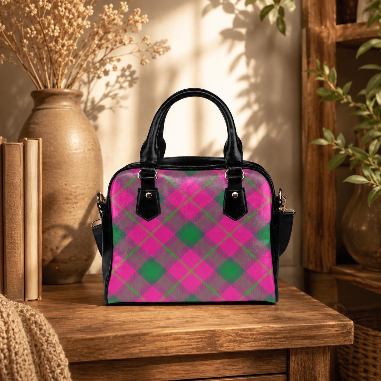 Pink green plaid satchel bag, pastel punk crossbody purse, kawaii grunge handbag for women