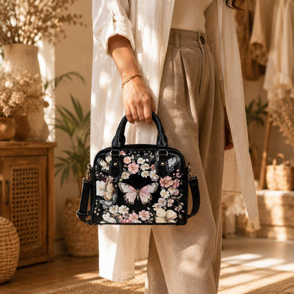 Black Butterfly Floral Satchel Handbag, Romantic Spring Blossom Statement Bag