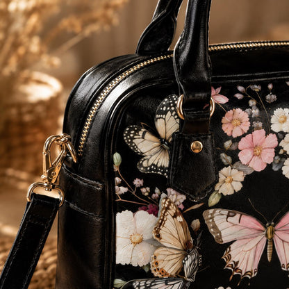 Black Butterfly Floral Satchel Handbag, Romantic Spring Blossom Statement Bag