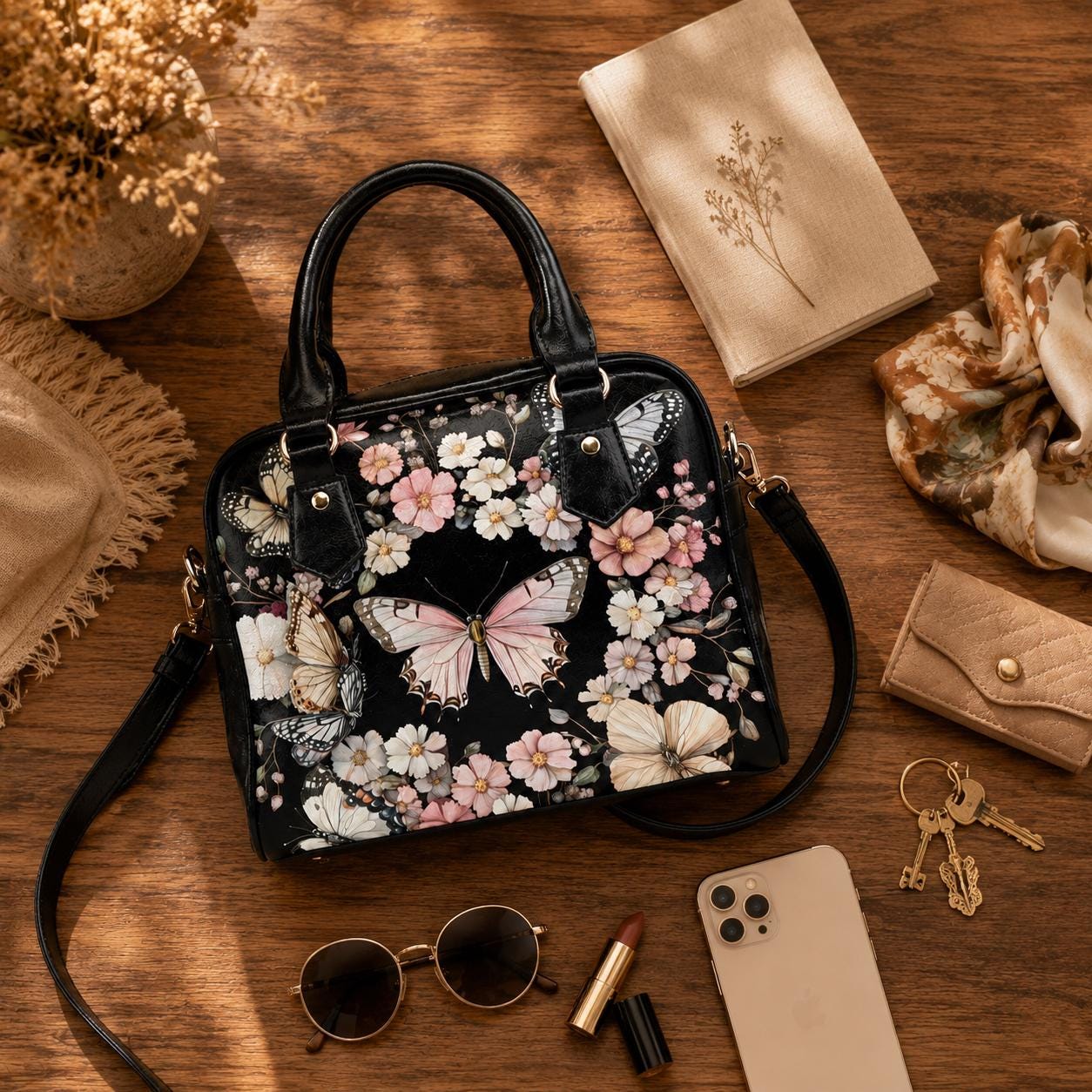 Black Butterfly Floral Satchel Handbag, Romantic Spring Blossom Statement Bag