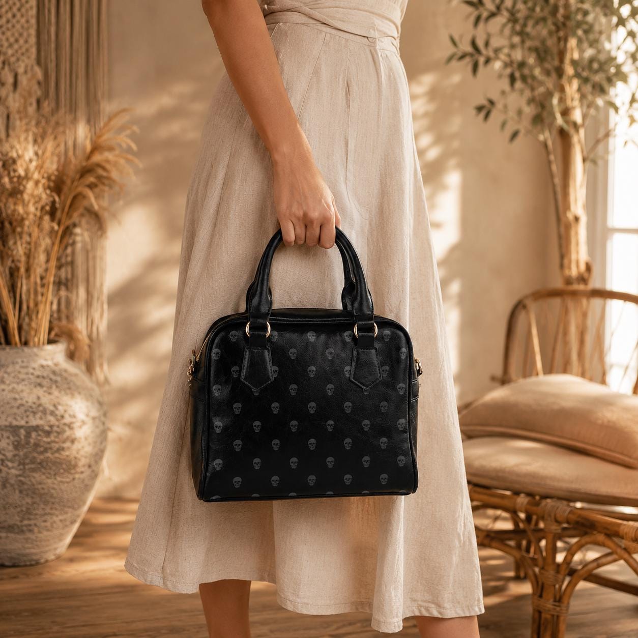 Black Mini Skull Satchel, Dark Fashion Structured Purse, Edgy Handbag