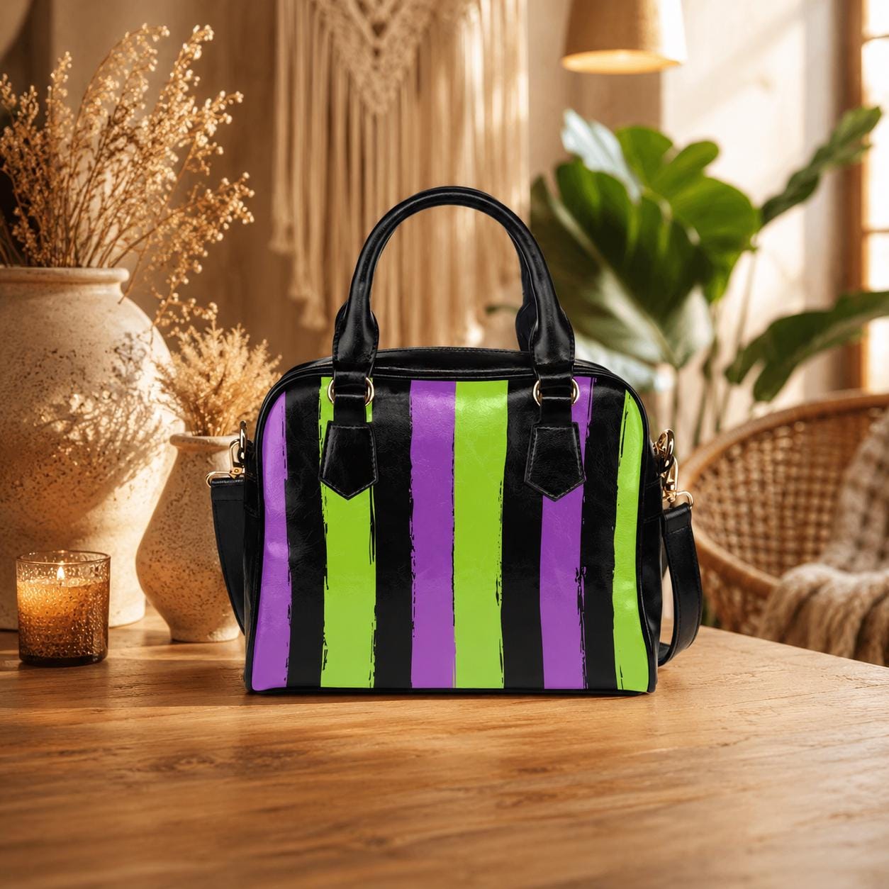 Goth Striped Handbag, Purple Green Top Handle Purse, Spooky Crossbody Satchel