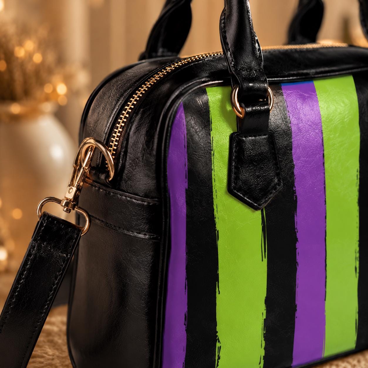 Goth Striped Handbag, Purple Green Top Handle Purse, Spooky Crossbody Satchel