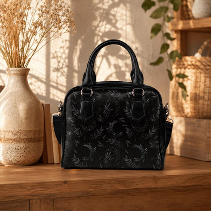 Black Celestial Moon Botanical Satchel, Vegan Leather Handbag, Dark Floral Statement Bag