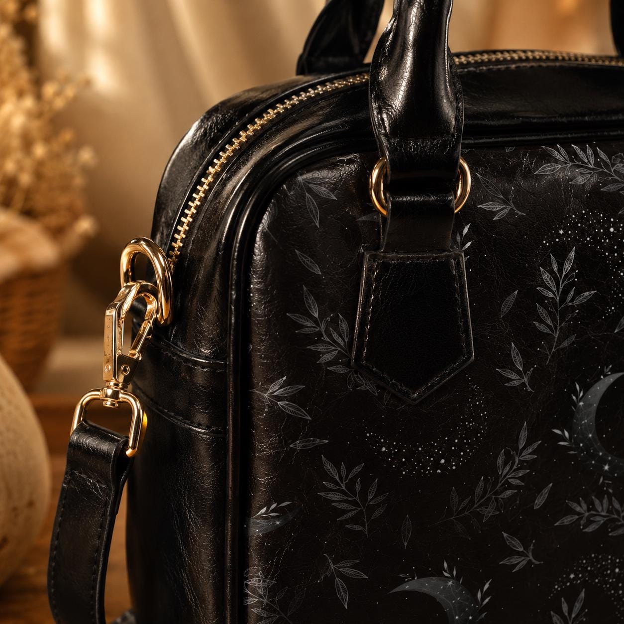 Black Celestial Moon Botanical Satchel, Vegan Leather Handbag, Dark Floral Statement Bag