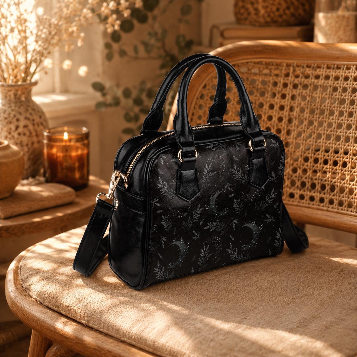 Black Celestial Moon Botanical Satchel, Vegan Leather Handbag, Dark Floral Statement Bag