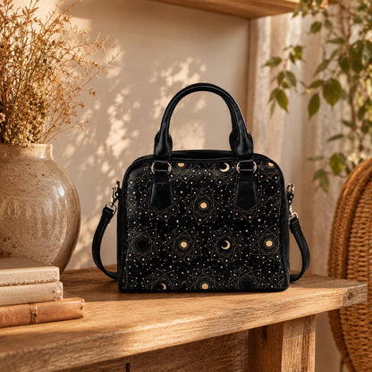 Astrology Satchel Handbag, Black Sun Moon Top Handle Purse with Crossbody Strap