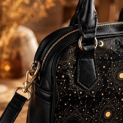Astrology Satchel Handbag, Black Sun Moon Top Handle Purse with Crossbody Strap