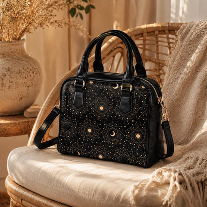 Astrology Satchel Handbag, Black Sun Moon Top Handle Purse with Crossbody Strap
