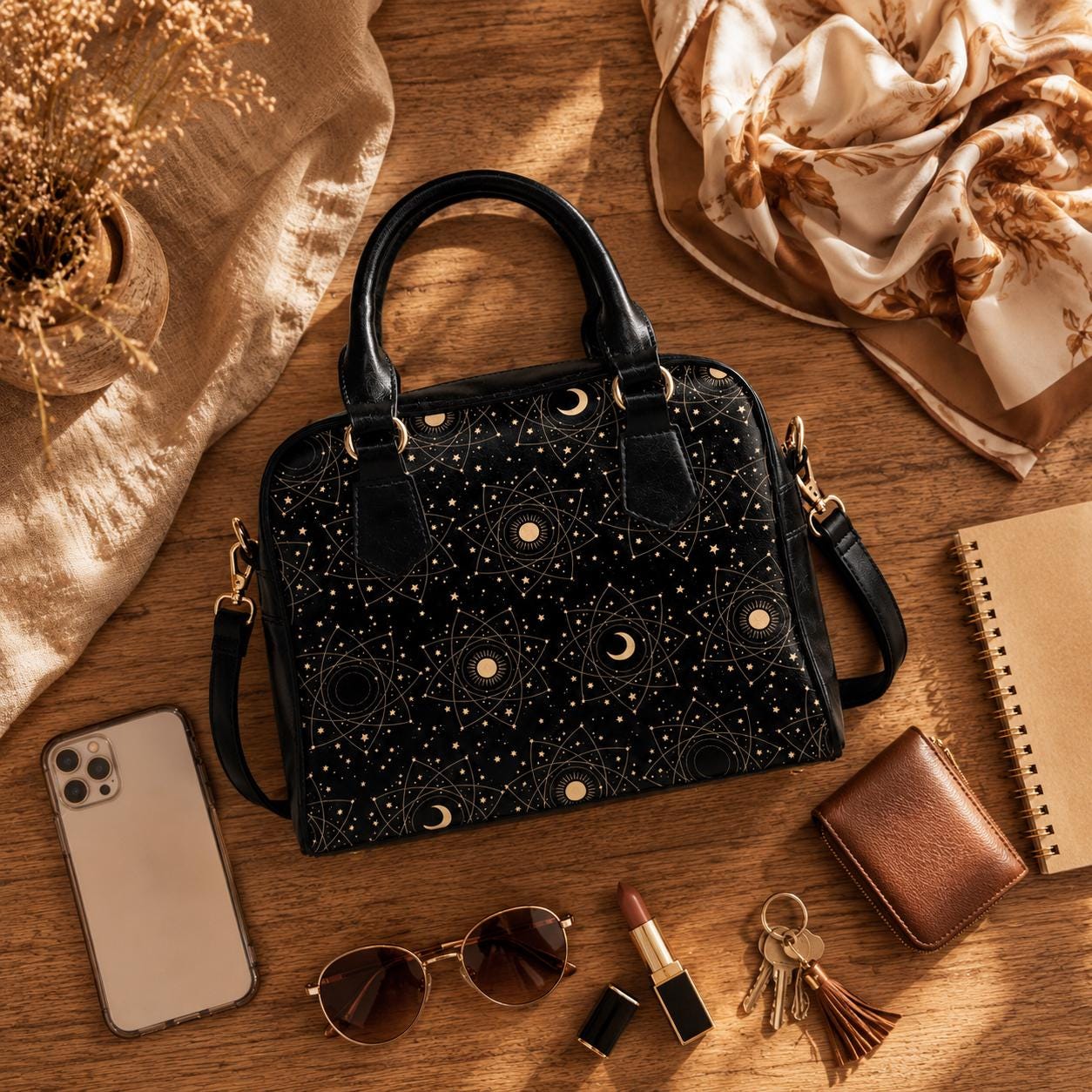 Astrology Satchel Handbag, Black Sun Moon Top Handle Purse with Crossbody Strap