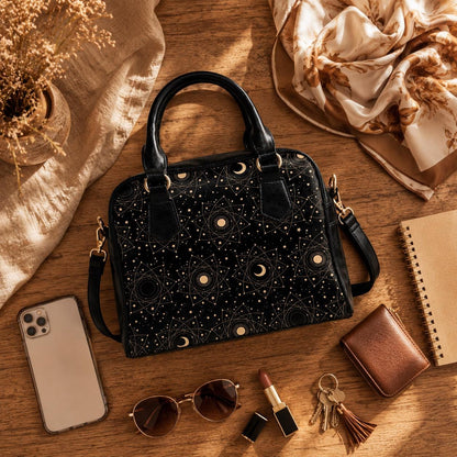 Astrology Satchel Handbag, Black Sun Moon Top Handle Purse with Crossbody Strap
