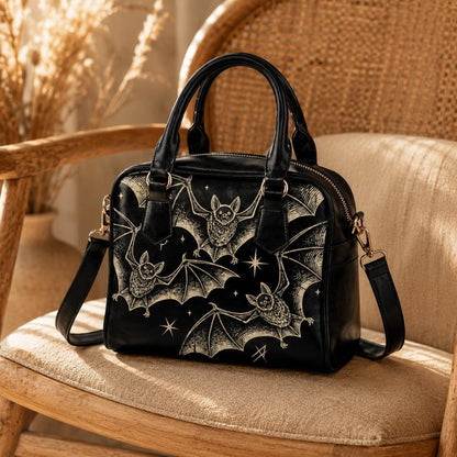 Celestial Bat Satchel, Witchy Moon Faux Leather Handbag, Nocturnal Crossbody Bag