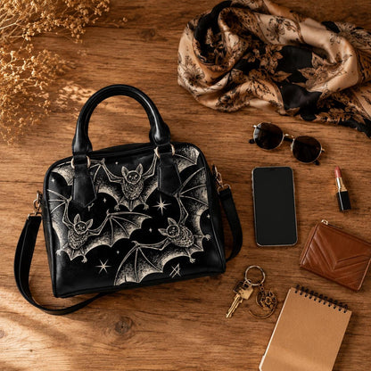 Celestial Bat Satchel, Witchy Moon Faux Leather Handbag, Nocturnal Crossbody Bag