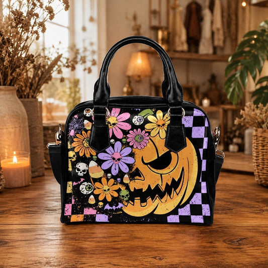 Pastel Floral Skull Pumpkin Purse, Spooky Halloween Crossbody Handbag