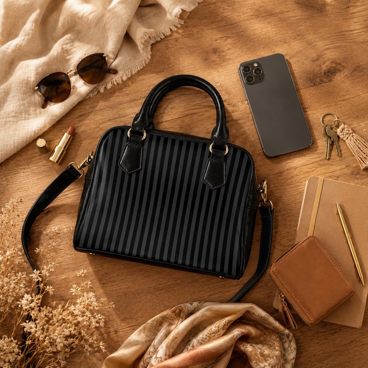 Striped Witchy Satchel Bag, Dark Academia Crossbody Tote for School and Work