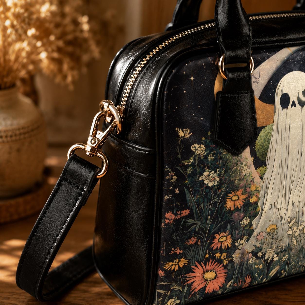 Ghost Handbag Floral Crossbody Purse, Spooky Cute Satchel Bag, Cottagecore Goth Gift