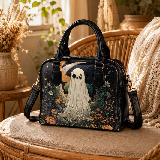Ghost Handbag Floral Crossbody Purse, Spooky Cute Satchel Bag, Cottagecore Goth Gift