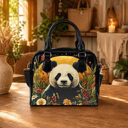 Panda handbag with floral print, top handle satchel purse, whimsical animal lover bag