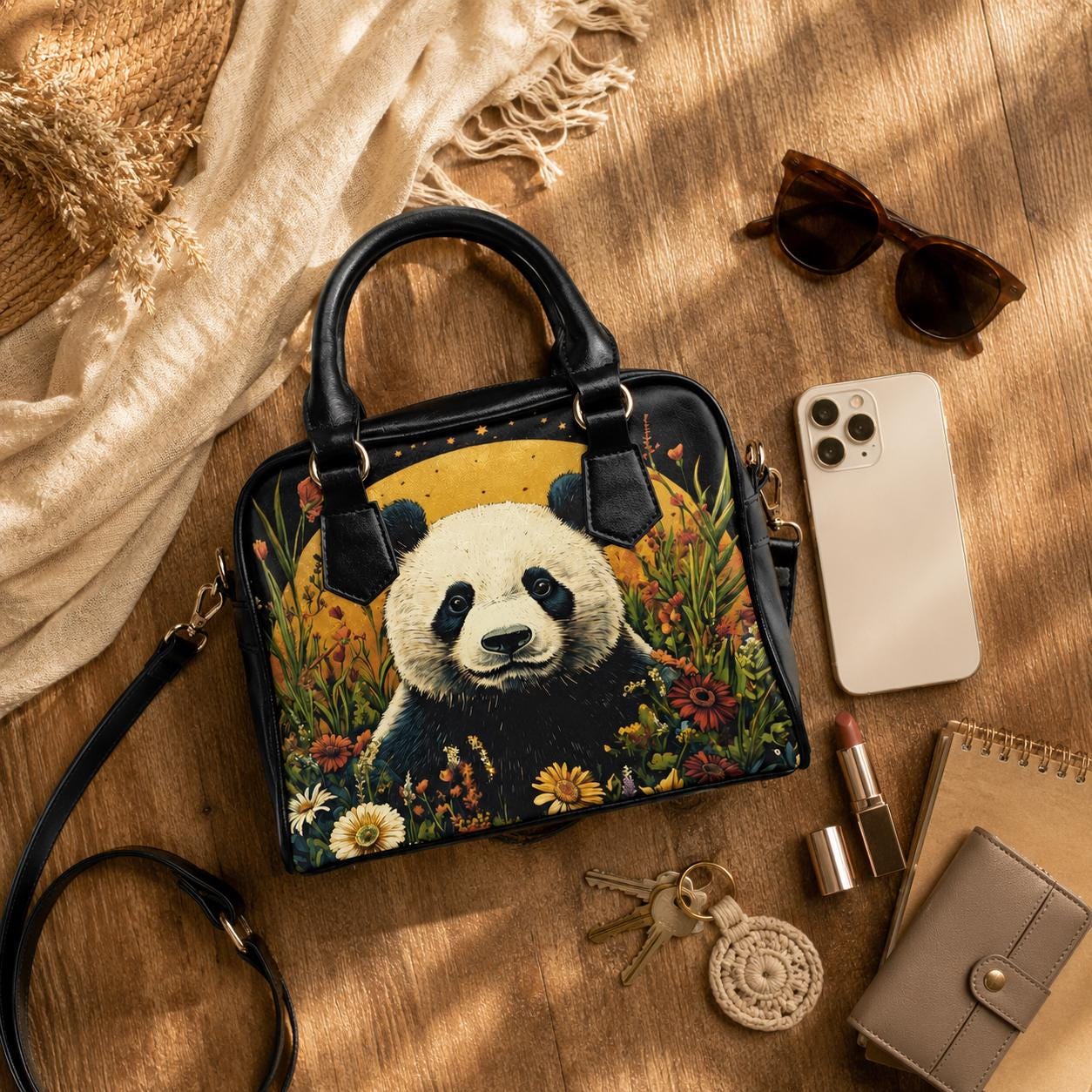 Panda handbag with floral print, top handle satchel purse, whimsical animal lover bag