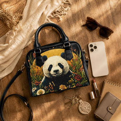Panda handbag with floral print, top handle satchel purse, whimsical animal lover bag