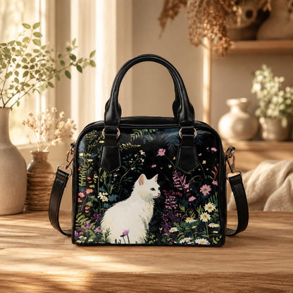 White Cat Satchel Bag, Floral Cottagecore Purse, Garden Handbag Gift for Cat Lover